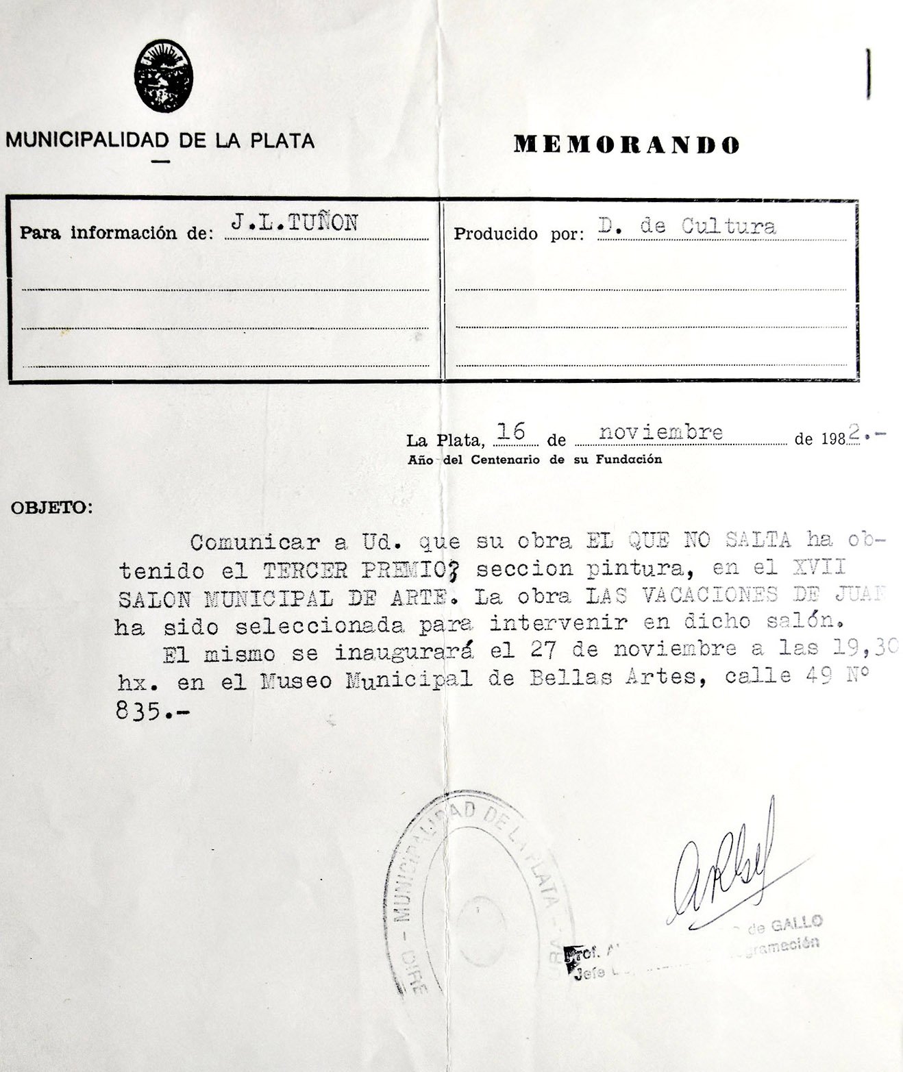 1982 SALÓN LA PLATA 3ER PREMIO