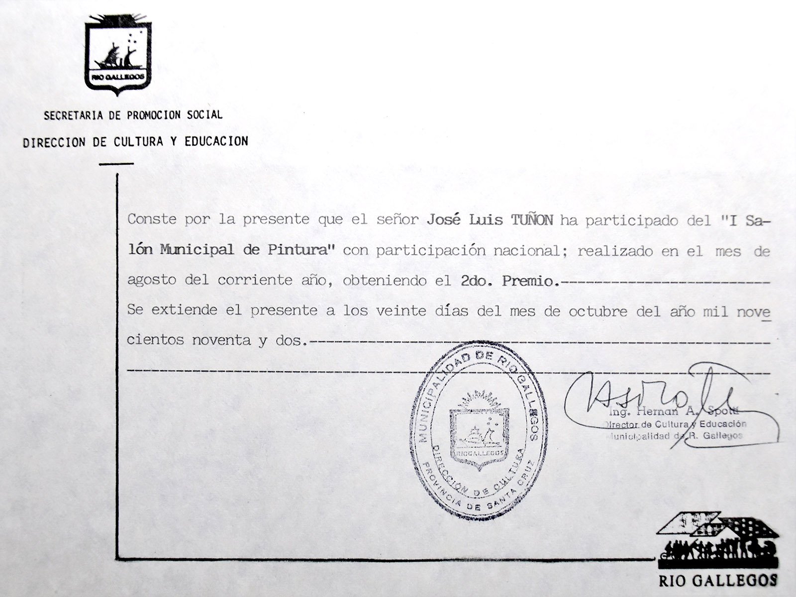 1992 SALÓN MUNICIPAL PINTURA RIO GALLEGOS SEGUNDO PREMIO