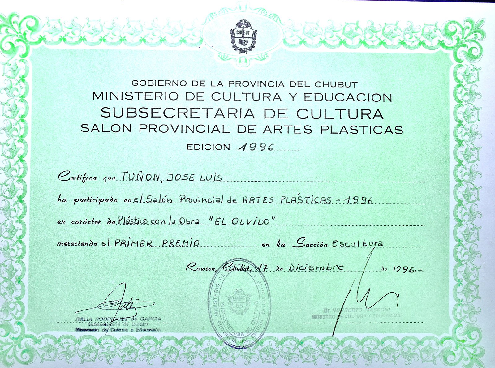 1996 SALÓN PROVINCIAL 96 PRIMER PREMIO ESCULTURA