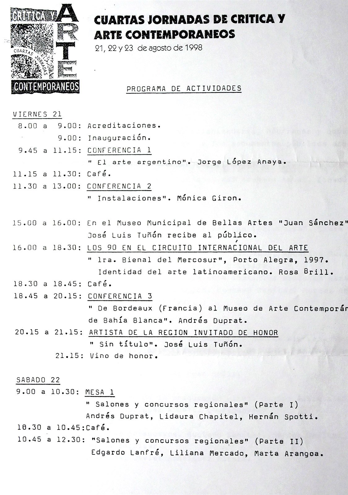 1998 JORNADAS DE CRITICA Y ARTE CONTEMPORÁNEO